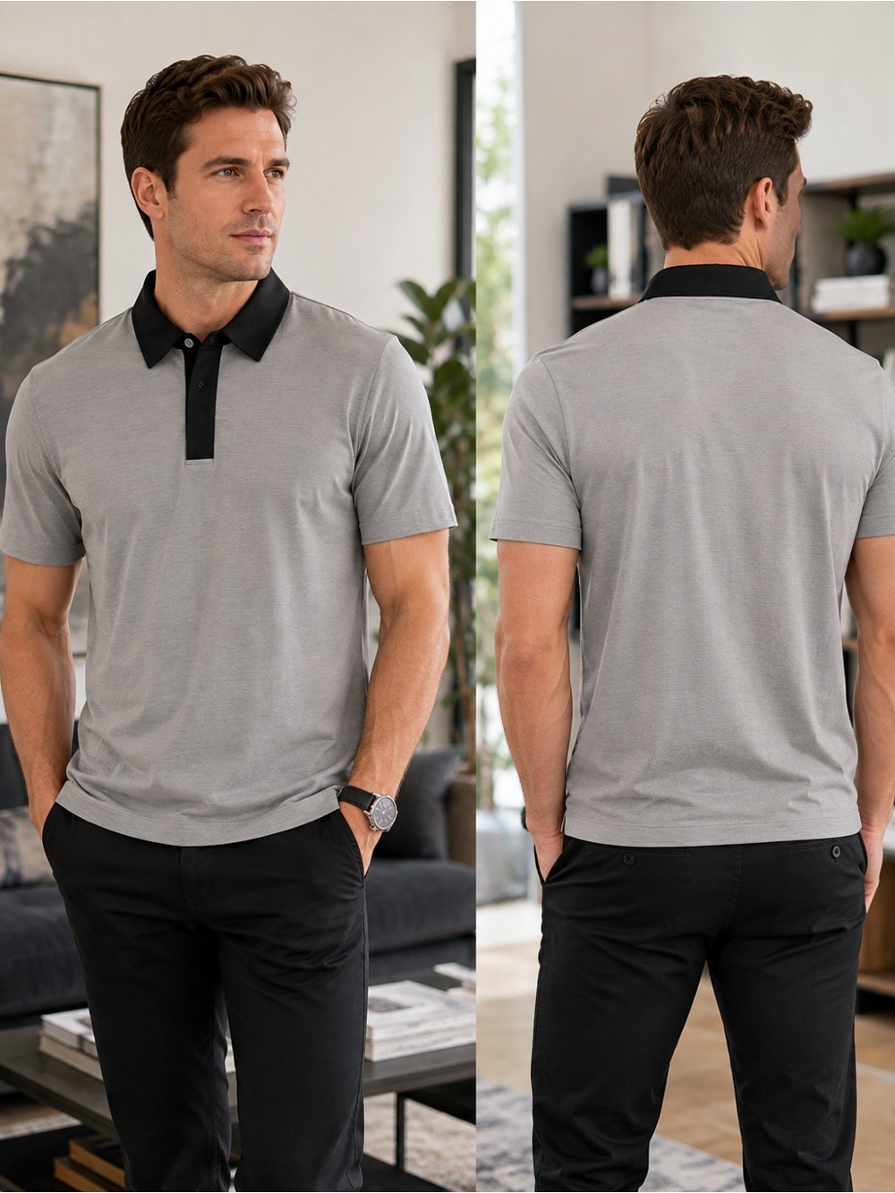 Theory Kayser Men’s Polo Shirt Gray Black Silk Cotton Contrast Collar Size Large